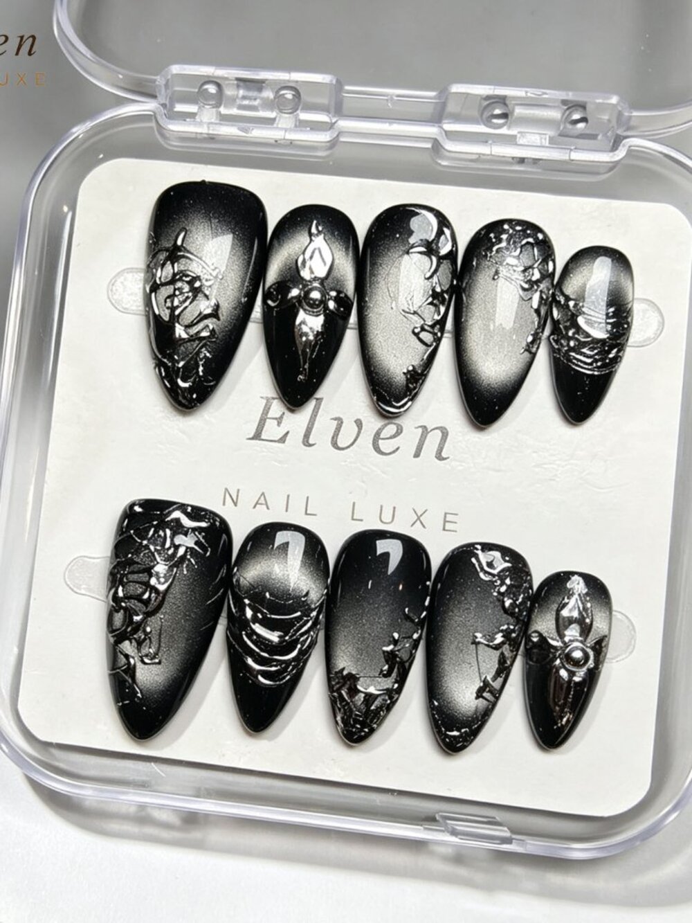 Goth Black Silver Mirror Chrome Medium Almond Press On Nails with 3D Metal Foil